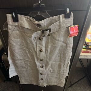 Linen Beige Button-Front Skirt with Belt